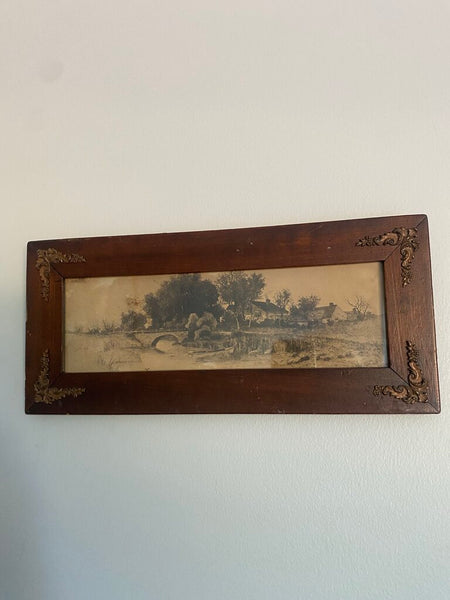 Antique Framed Etching of Rural Countryside by Ernest Christian Roth 15" x 7"