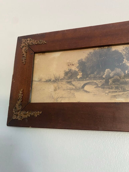 Antique Framed Etching of Rural Countryside by Ernest Christian Roth 15" x 7"