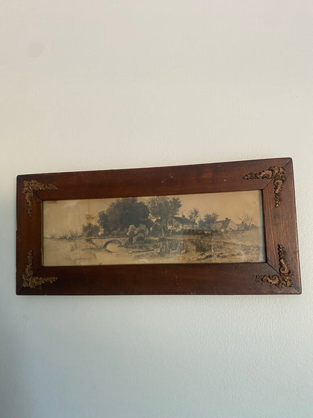 Antique Framed Etching of Rural Countryside by Ernest Christian Roth 15" x 7"