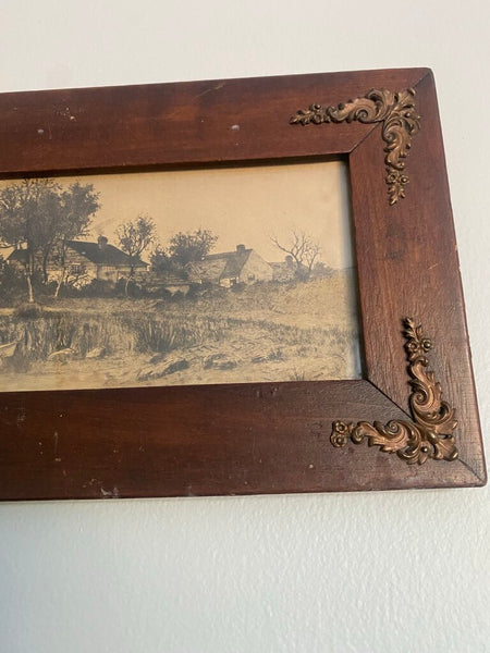 Antique Framed Etching of Rural Countryside by Ernest Christian Roth 15" x 7"