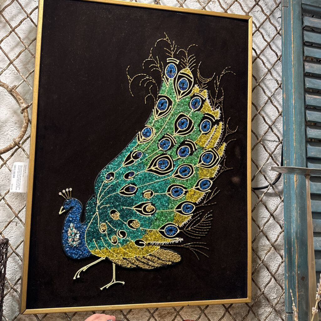 Mcm peacock gravel art each 18 x 24 beaded, trim, sequin on dark brown/ light black velvet as found