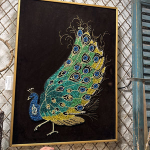 Mcm peacock gravel art each 18 x 24 beaded, trim, sequin on dark brown/ light black velvet as found