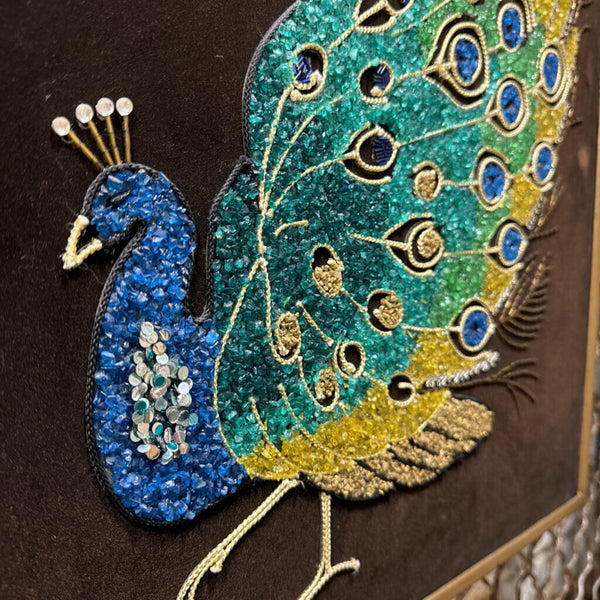 Mcm peacock gravel art each 18 x 24 beaded, trim, sequin on dark brown/ light black velvet as found