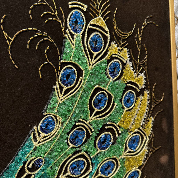 Mcm peacock gravel art each 18 x 24 beaded, trim, sequin on dark brown/ light black velvet as found