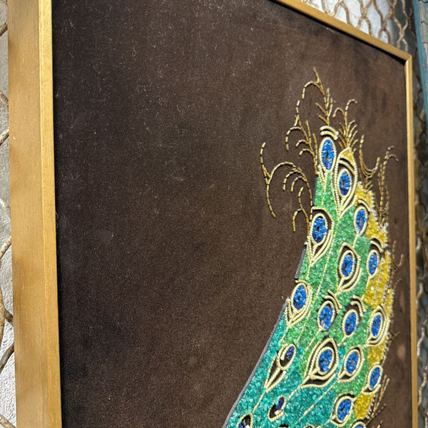 Mcm peacock gravel art each 18 x 24 beaded, trim, sequin on dark brown/ light black velvet as found