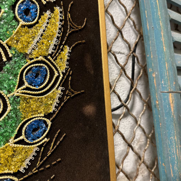 Mcm peacock gravel art each 18 x 24 beaded, trim, sequin on dark brown/ light black velvet as found