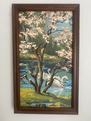 Vintage Paint by Number Swan Artwork 12" x 20"
