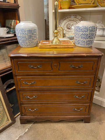In store pick up only Vintage French Provincial 4 drawer chest with leather top as is 29 in wide x 29 1/2 in high x 16 in deep