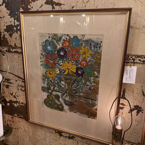 cheerful mod floral flowers in vase in gold frame 21.5x26.5