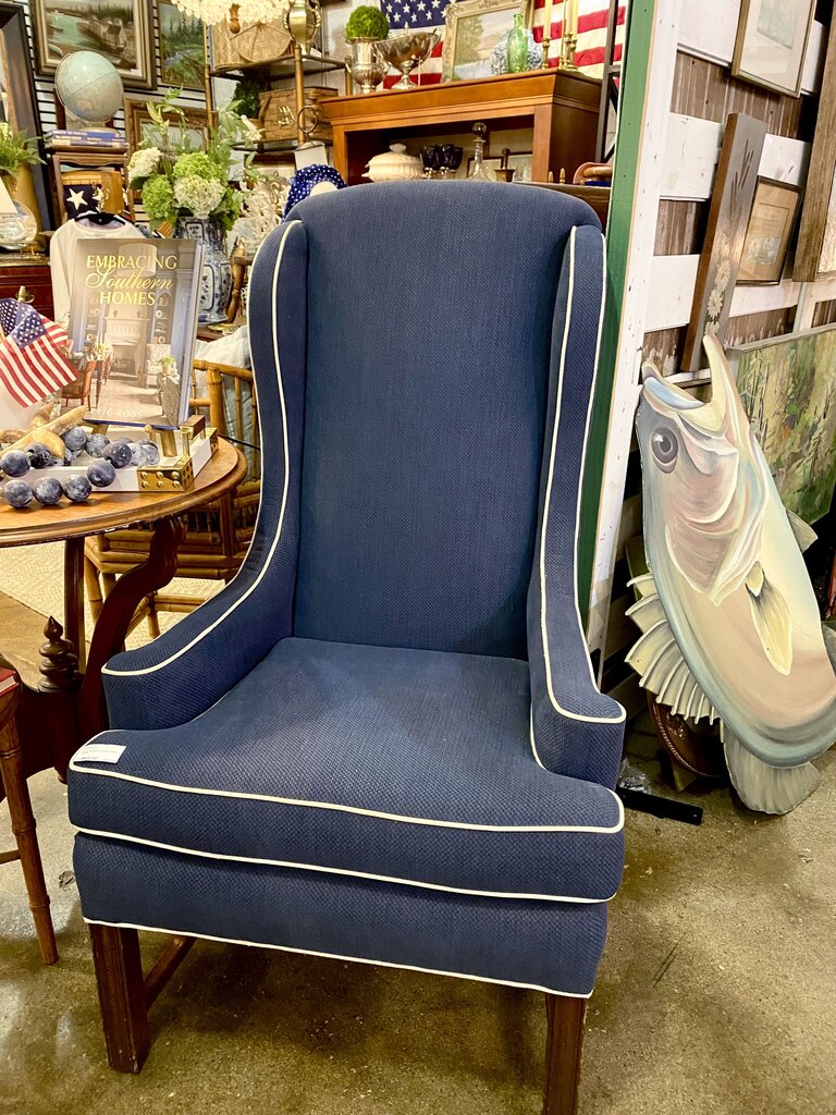 Navy Wingback Chair w/ White Piping