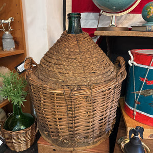 Large Antique Green Glass Wicker Demijohn 21W 26H IN STORE PICKUP ONLY