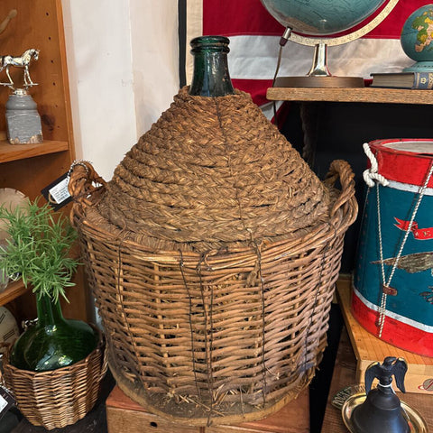 Large Antique Green Glass Wicker Demijohn 21W 26H IN STORE PICKUP ONLY