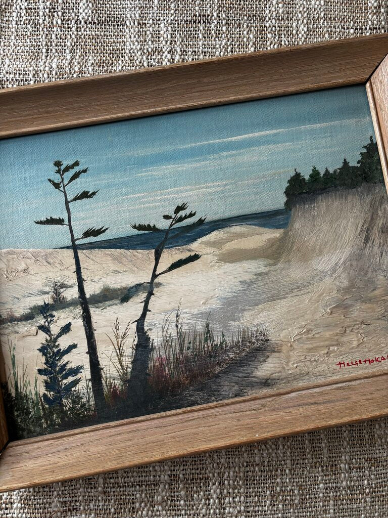 MCM Framed Beach Painting w/ Trees by Helge Hokansen 16 x12