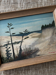 MCM Framed Beach Painting w/ Trees by Helge Hokansen 16 x12