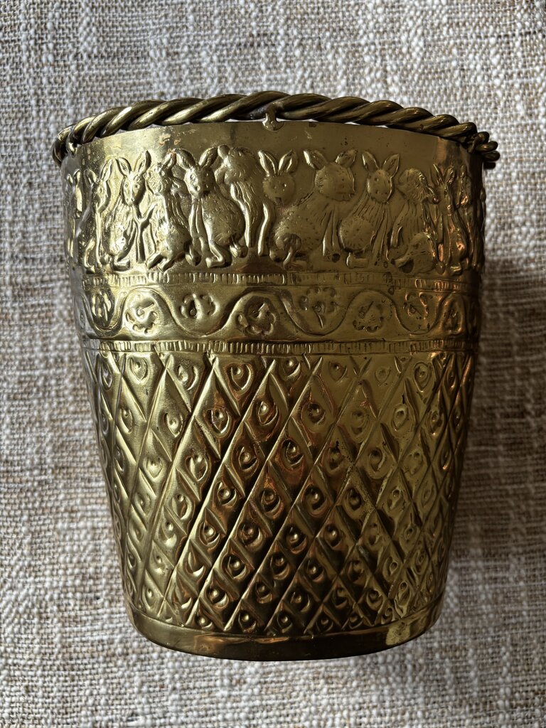 Vintage Solid Brass Planter w/ Embossed Bunnies 8.5H
