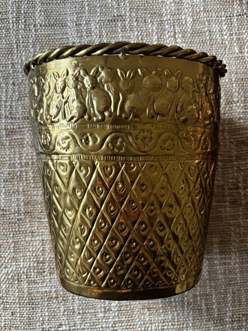 Vintage Solid Brass Planter w/ Embossed Bunnies 8.5H