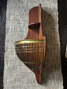 MCM Wood and Brass Corner Basket