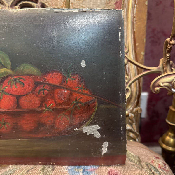 Antique art - strawberry oil on academy board still life painting
