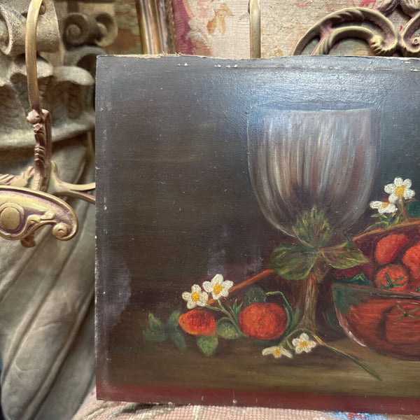 Antique art - strawberry oil on academy board still life painting