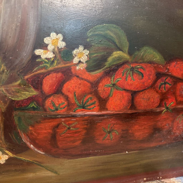 Antique art - strawberry oil on academy board still life painting