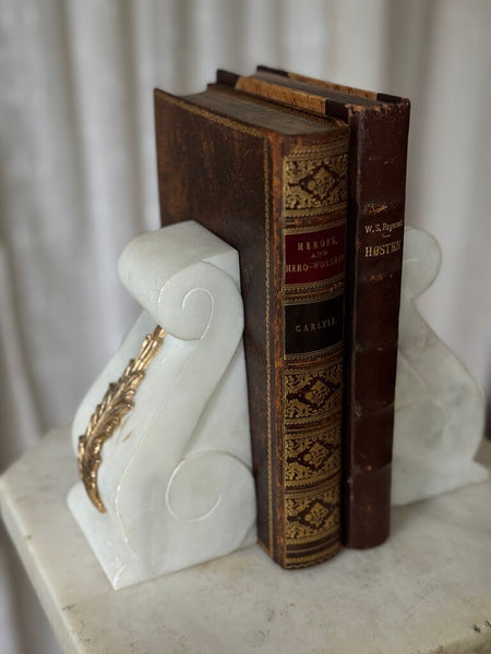 Alabaster and brass leaf mount bookends pair