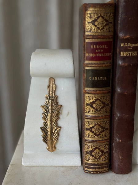 Alabaster and brass leaf mount bookends pair