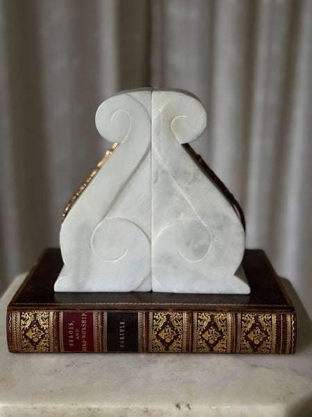 Alabaster and brass leaf mount bookends pair