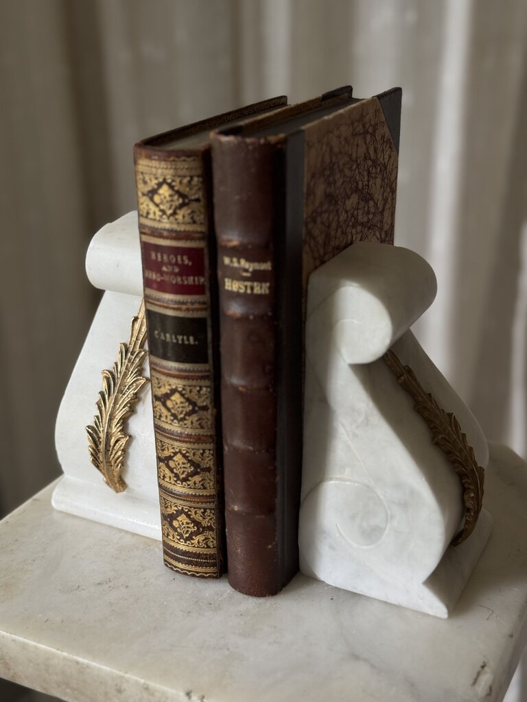 Alabaster and brass leaf mount bookends pair