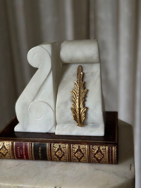 Alabaster and brass leaf mount bookends pair