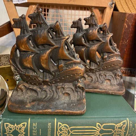 Vintage Cast Iron Schooner Ship Bookends 5.5" x 4.5"
