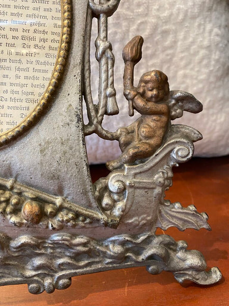 Antique Bronze/Brass Nautical Viking Ship w/ Cherub Frame 9" x 14"