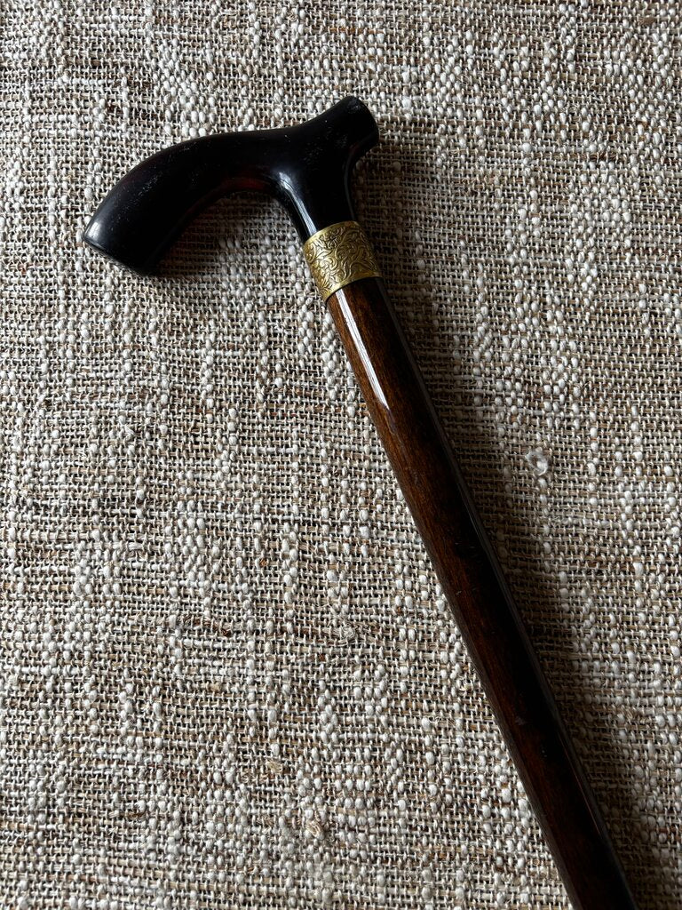 Vintage Wood Cane with Embossed Brass At Handle