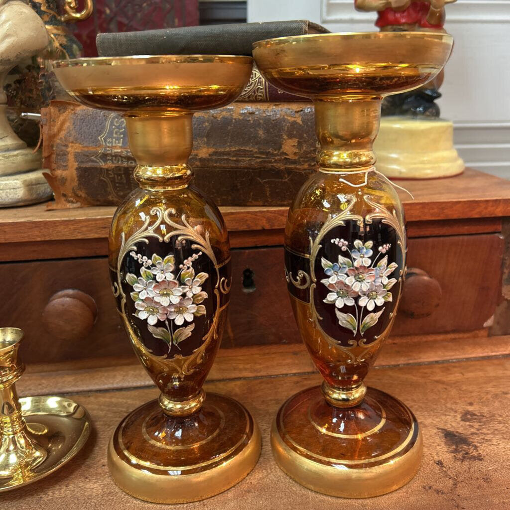 Venetian 18K Gold Hand Blown Glass Amber Candlesticks pair 9.5"