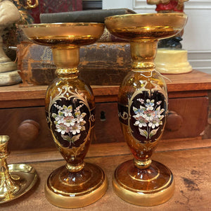 Venetian 18K Gold Hand Blown Glass Amber Candlesticks pair 9.5"