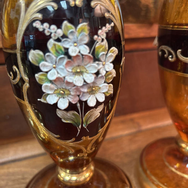 Venetian 18K Gold Hand Blown Glass Amber Candlesticks pair 9.5"