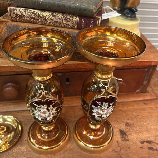 Venetian 18K Gold Hand Blown Glass Amber Candlesticks pair 9.5"