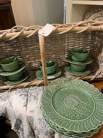 Bordallo Pinheiro Majolica Basketweave SET 5 cups & saucers as is