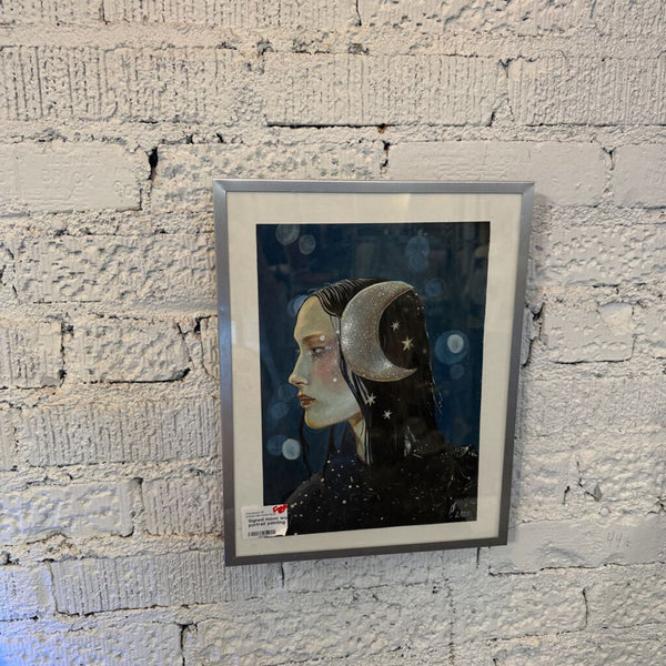 Signed moon woman portrait painting