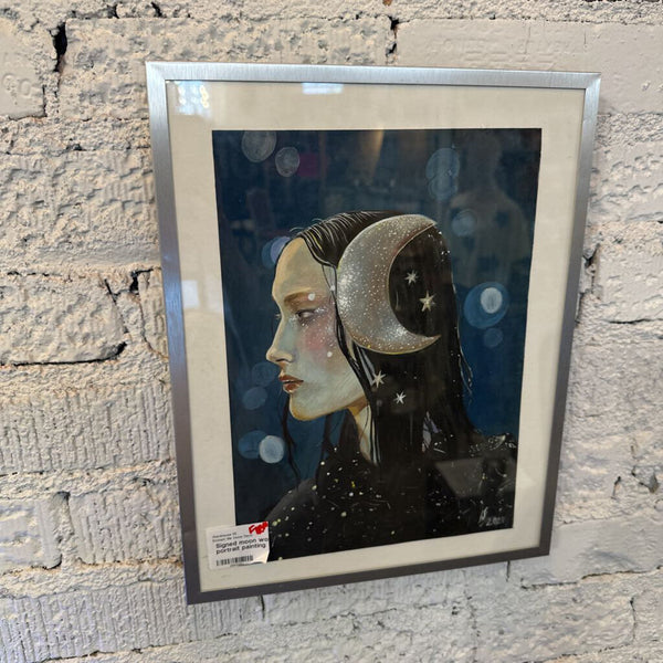 Signed moon woman portrait painting