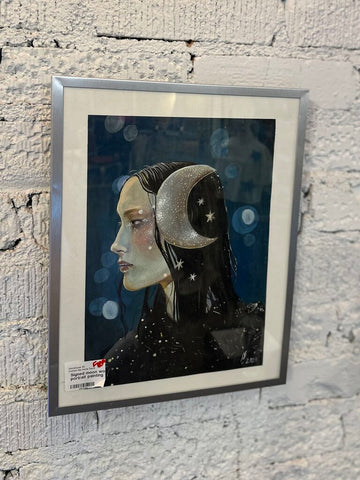 Signed moon woman portrait painting