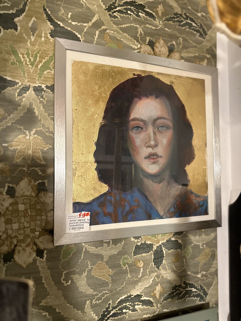 Artist signed female portrait painting gold embellished