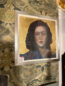 Artist signed female portrait painting gold embellished