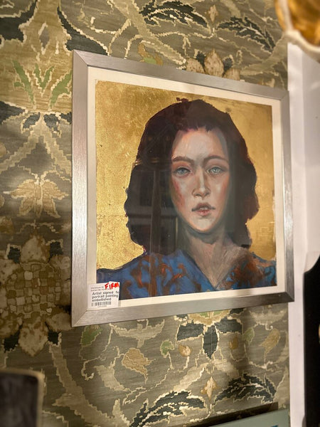 Artist signed female portrait painting gold embellished