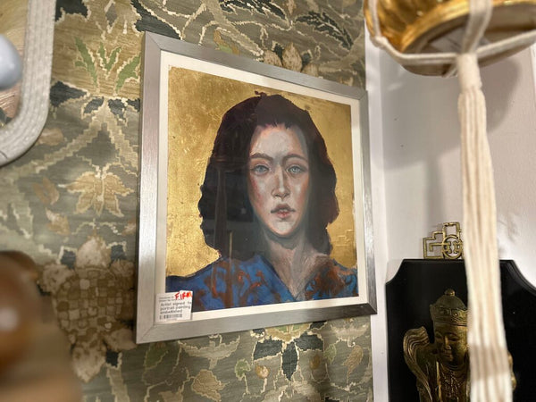 Artist signed female portrait painting gold embellished