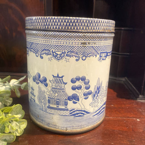Vintage Blue and White Pagoda Tin 5.5 x 5
