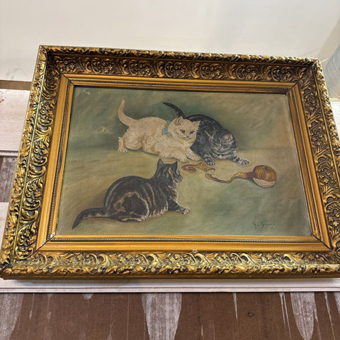 Victorian 1890s wrapped oil canvas painting kittens
