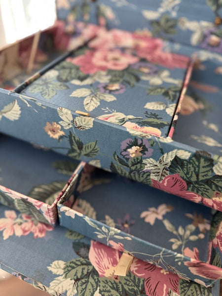 Vintage blue floral cloth wrapped jewelry box -like new