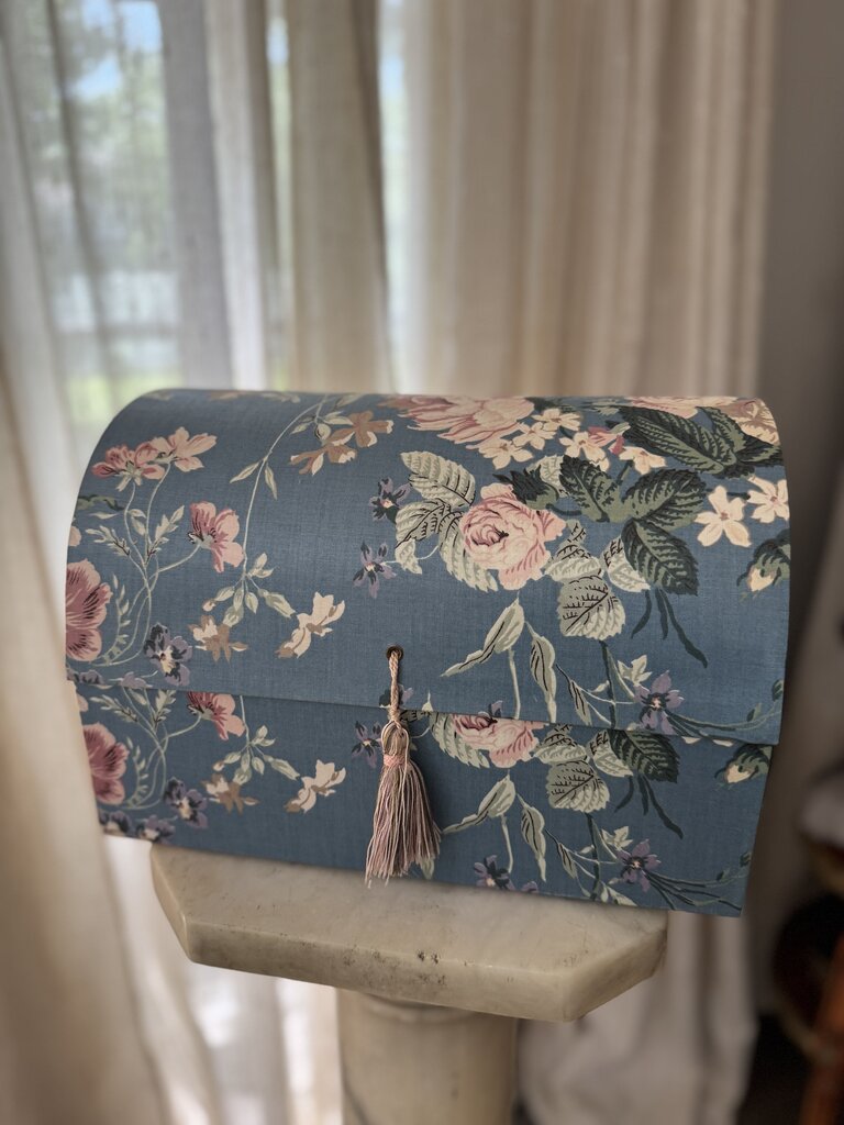 Vintage blue floral cloth wrapped jewelry box -like new