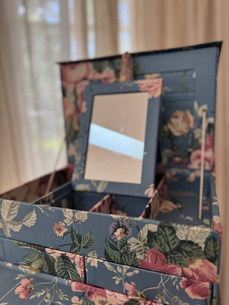 Vintage blue floral cloth wrapped jewelry box -like new