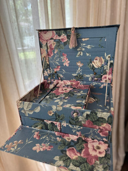 Vintage blue floral cloth wrapped jewelry box -like new